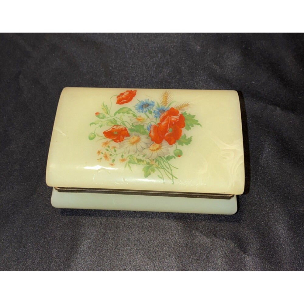 Vintage Italian Alabaster Trinket Box Primark Hinged Floral Vanity Jewelry Case